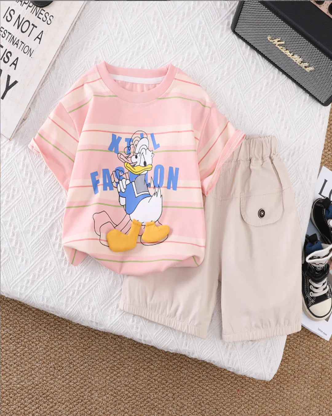 Pembe Çizgili Baskılı Tişört ve Cepli Şort 2’li Yazlık Takım (Unisex)