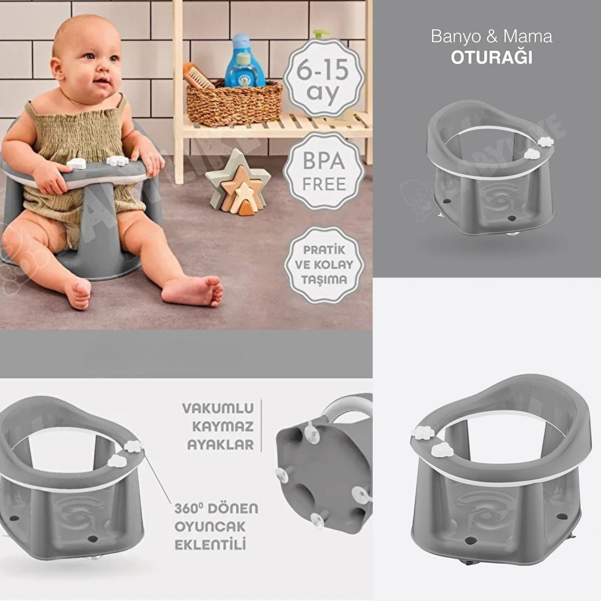 Vakumlu Bebek Banyo & Mama Oturağı(Gri-Pembe-Yeşil Renk)