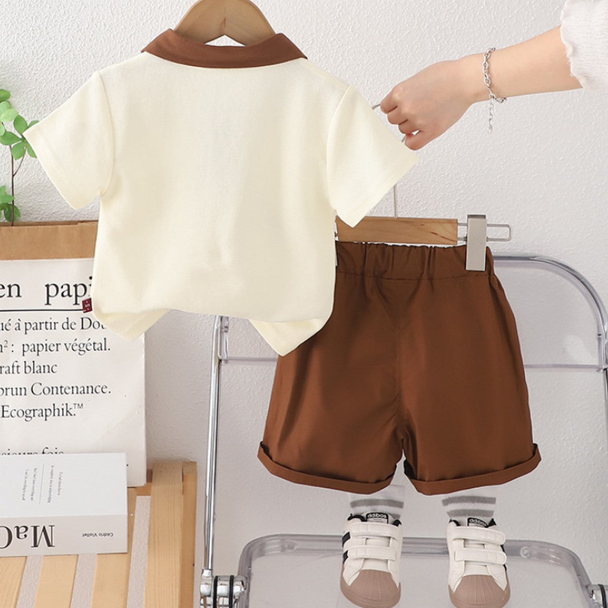 1-5 Yaş Aslan Aplikeli Polo Yaka Tişört ve Kahverengi Şort Takımı