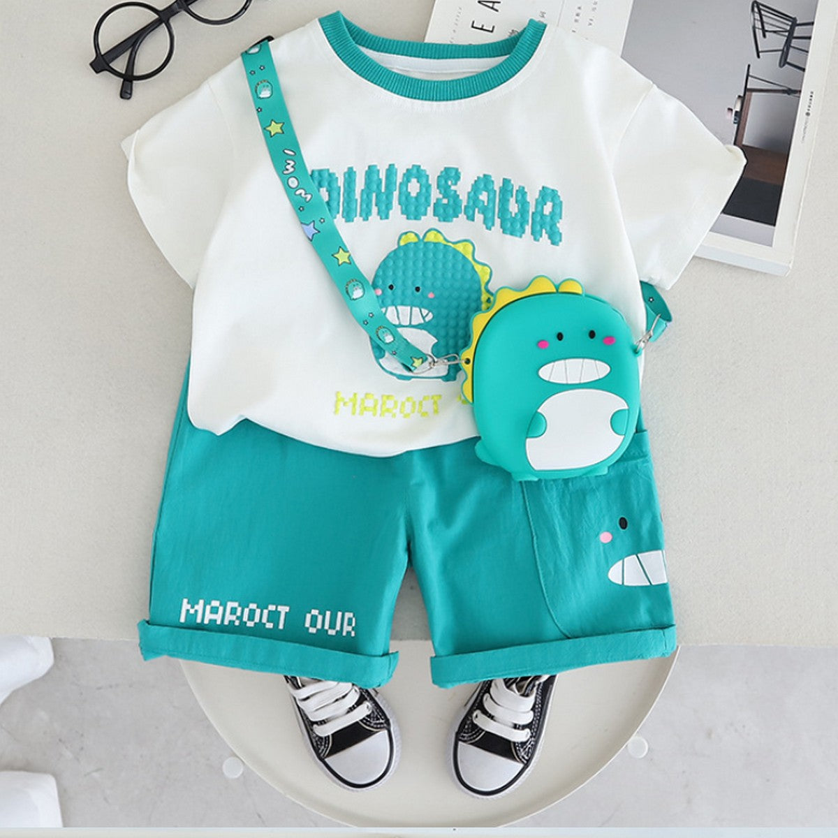 Erkek Çocuk Dinozor Baskılı Yazlık Şortlu Takım 3'lü Set