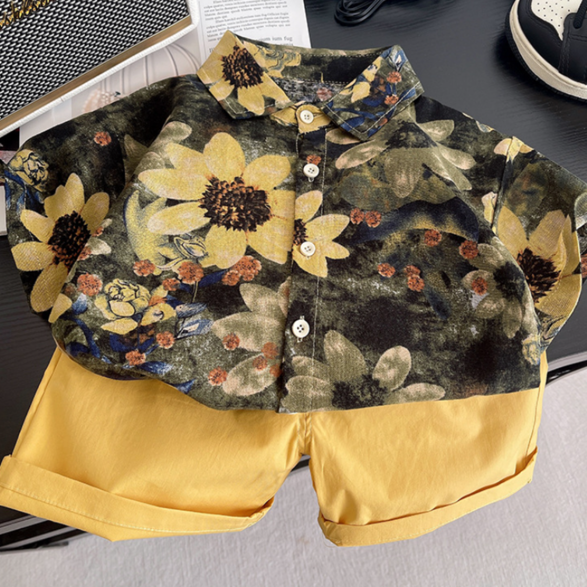 Cocumix Erkek Çocuk Yazlık Çiçek Desenli Gömlek ve Şort Takımı - Sarı