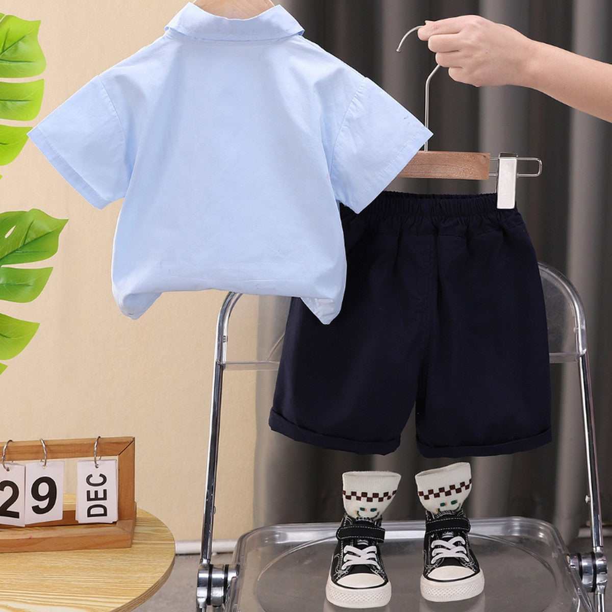 1-5 Yaş Kalp Detaylı Kravatlı Erkek Çocuk Takımı – Mavi Gömlekli Yazlık Set