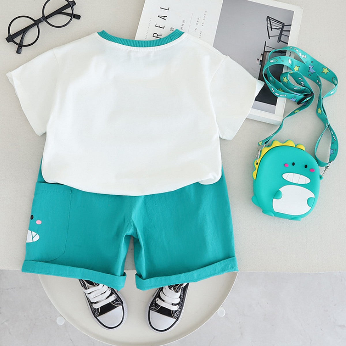 Erkek Çocuk Dinozor Baskılı Yazlık Şortlu Takım 3'lü Set