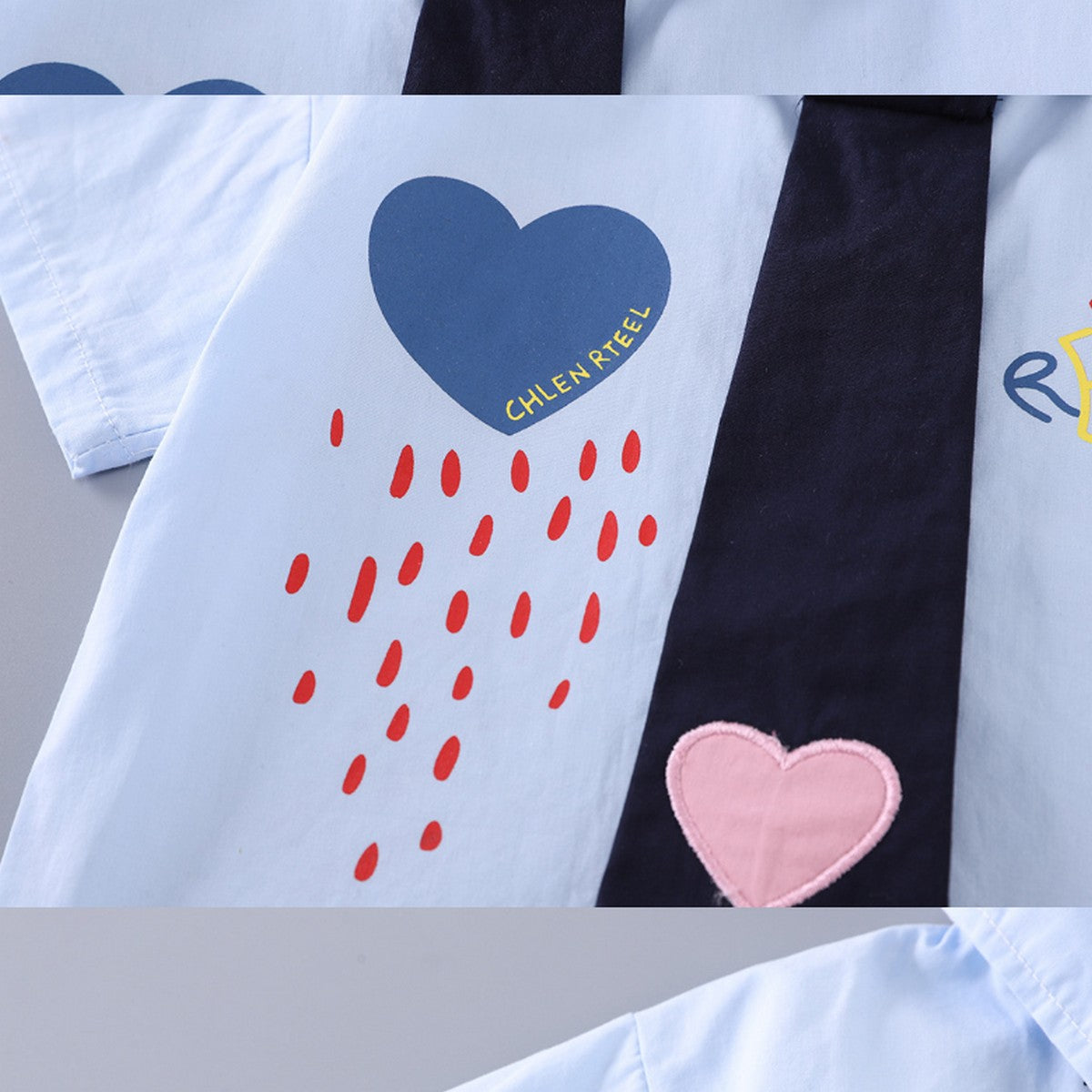 1-5 Yaş Kalp Detaylı Kravatlı Erkek Çocuk Takımı – Mavi Gömlekli Yazlık Set