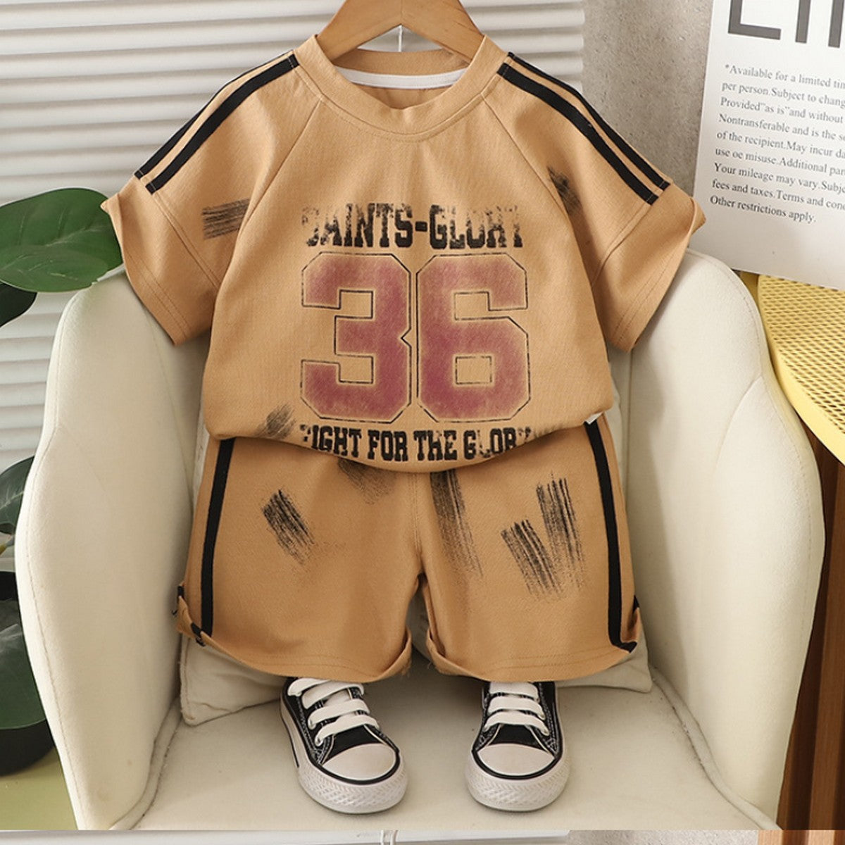 1-5 Yaş Baskılı Spor Tişört ve Şort Takımı – Bej 36