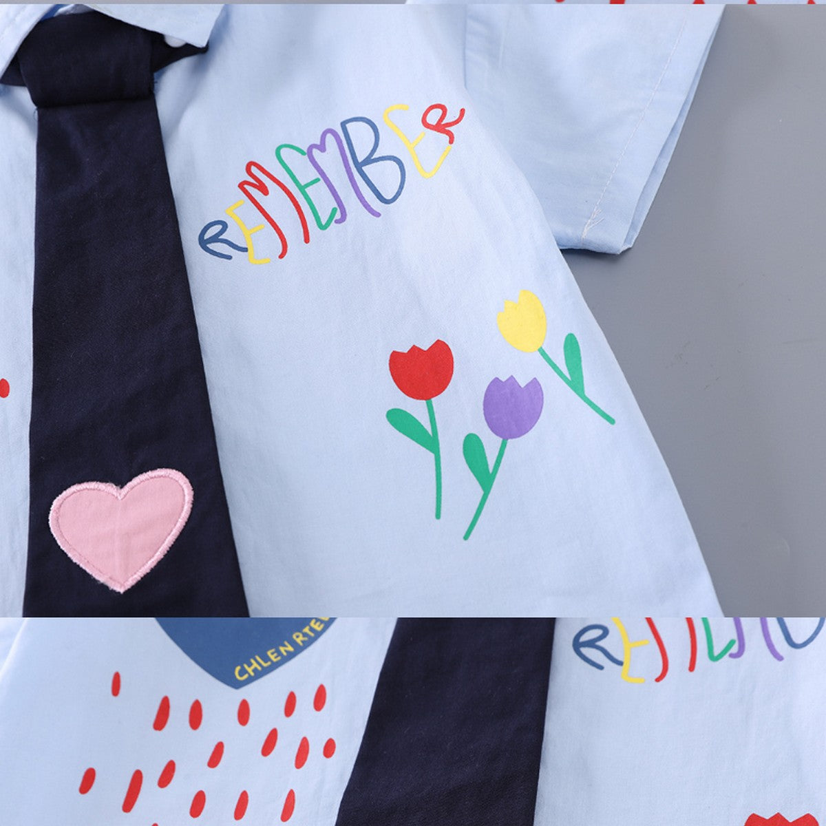 1-5 Yaş Kalp Detaylı Kravatlı Erkek Çocuk Takımı – Mavi Gömlekli Yazlık Set