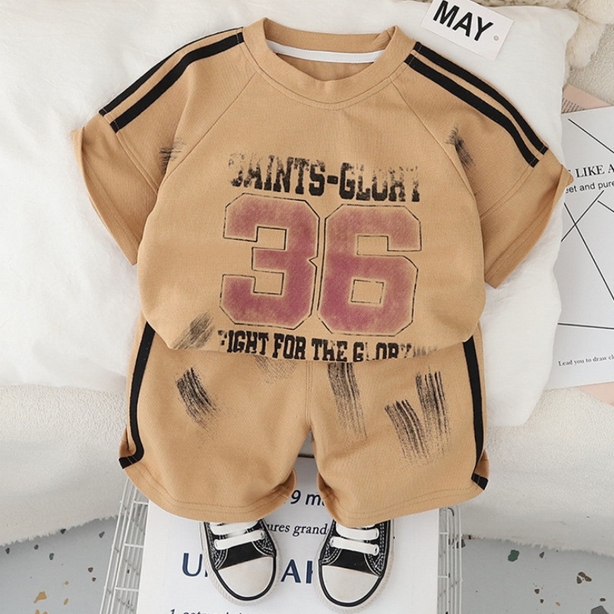 1-5 Yaş Baskılı Spor Tişört ve Şort Takımı – Bej 36