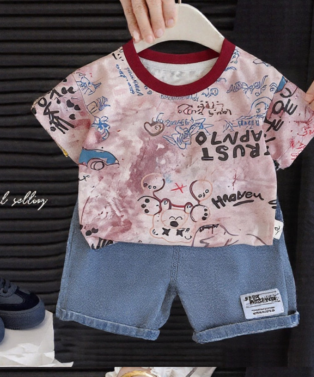 Grafiti Baskılı Pembe Tişört ve Denim Şort İkili Erkek Çocuk Takımı