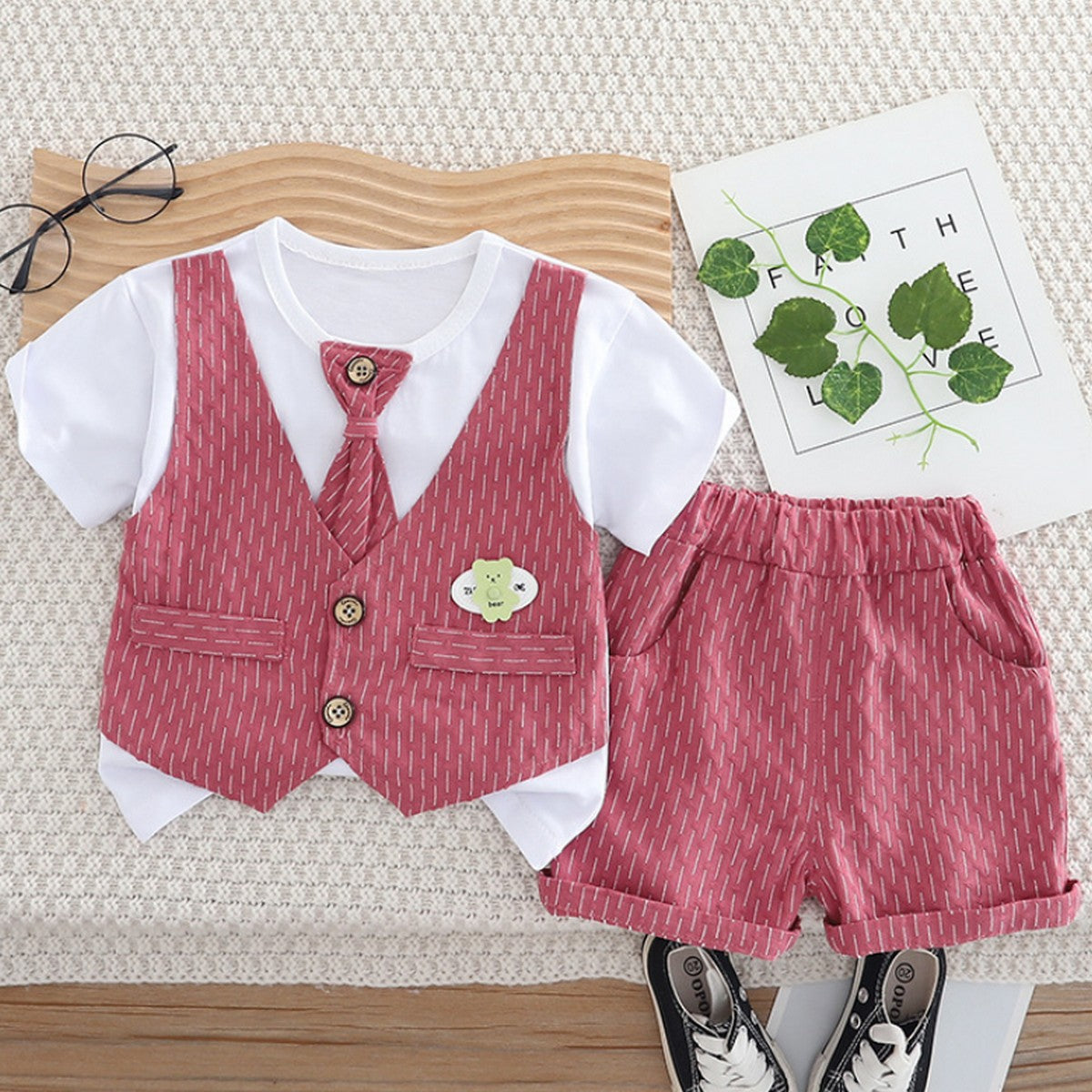 1-5 Yaş Kravatlı Yelekli Pembe Şort Takımı