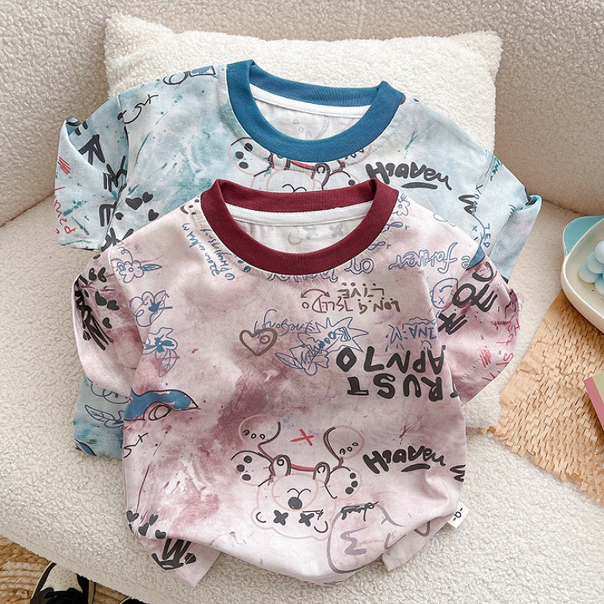 Grafiti Baskılı Pembe Tişört ve Denim Şort İkili Erkek Çocuk Takımı