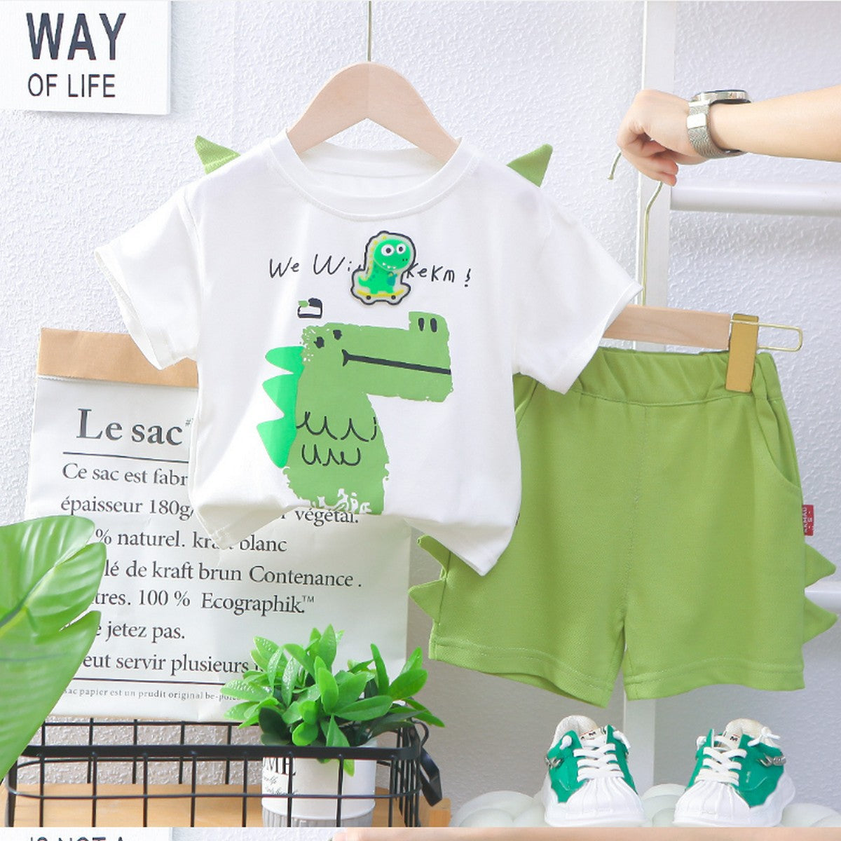 1-5 Yaş Dino Baskılı Yeşil Erkek Çocuk Takımı