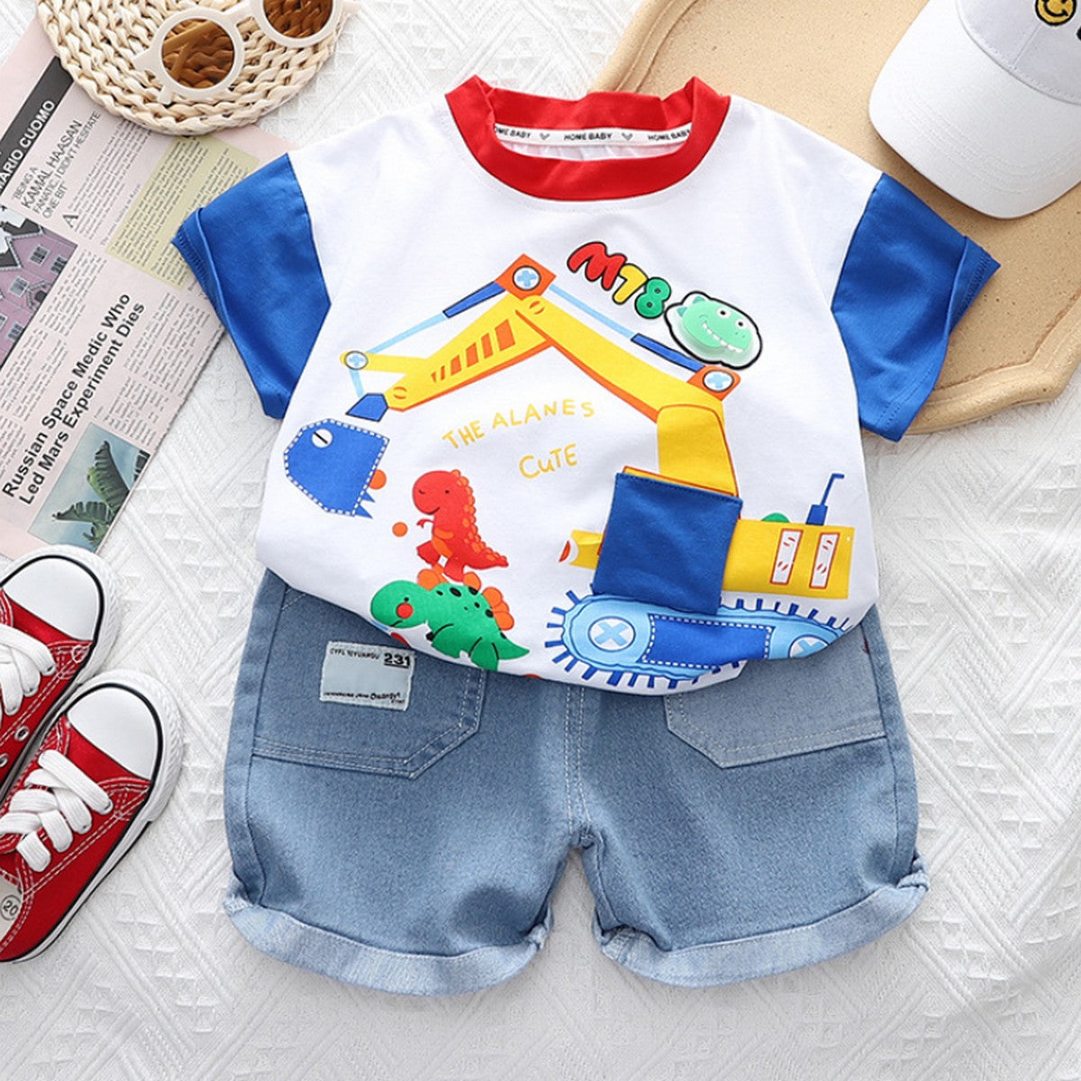 1-5 Yaş Dinozorlu Kepçe Baskılı Tişört ve Kot Şort Takımı