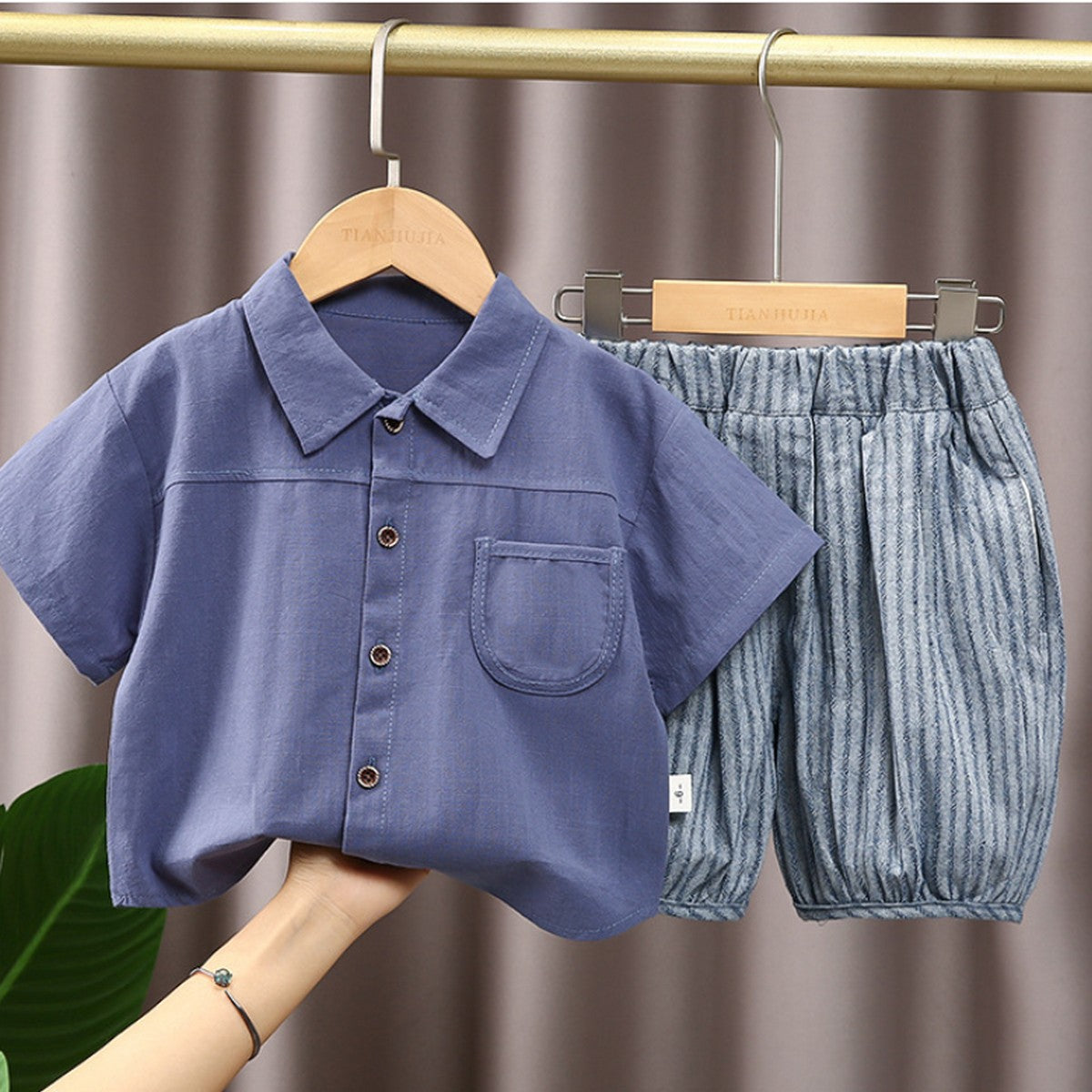 1-5 Yaş Düğmeli Gömlek ve Çizgili Şort Takımı – Mavi Tonlar