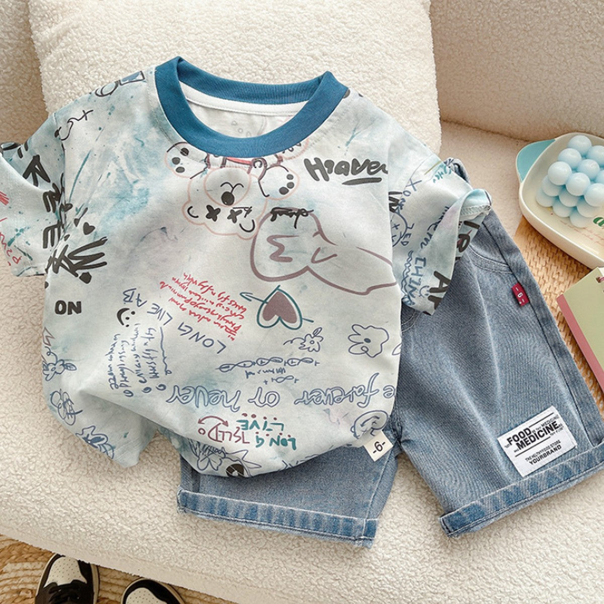 1-5 Yaş Mavi Yaka Yazı Baskılı Tişört ve Kot Şort Erkek Çocuk Takımı
