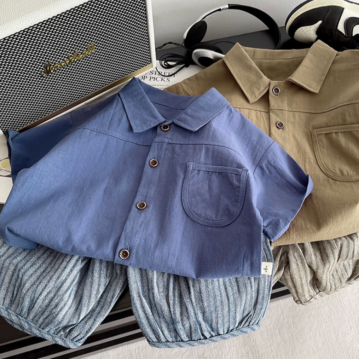 1-5 Yaş Düğmeli Gömlek ve Çizgili Şort Takımı – Mavi Tonlar