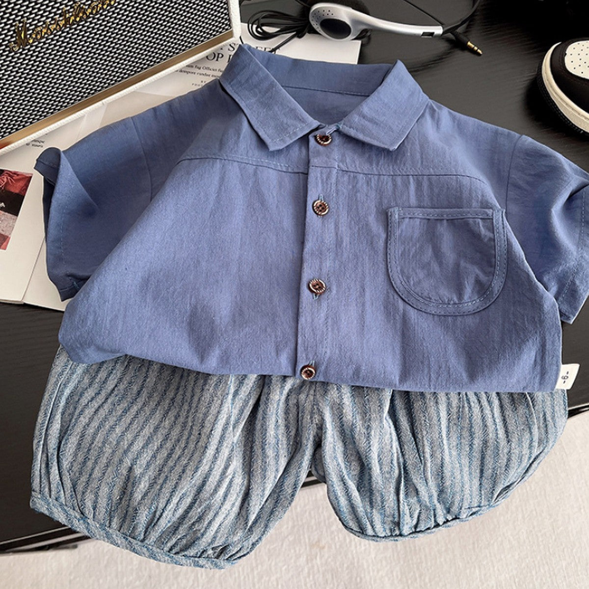 1-5 Yaş Düğmeli Gömlek ve Çizgili Şort Takımı – Mavi Tonlar