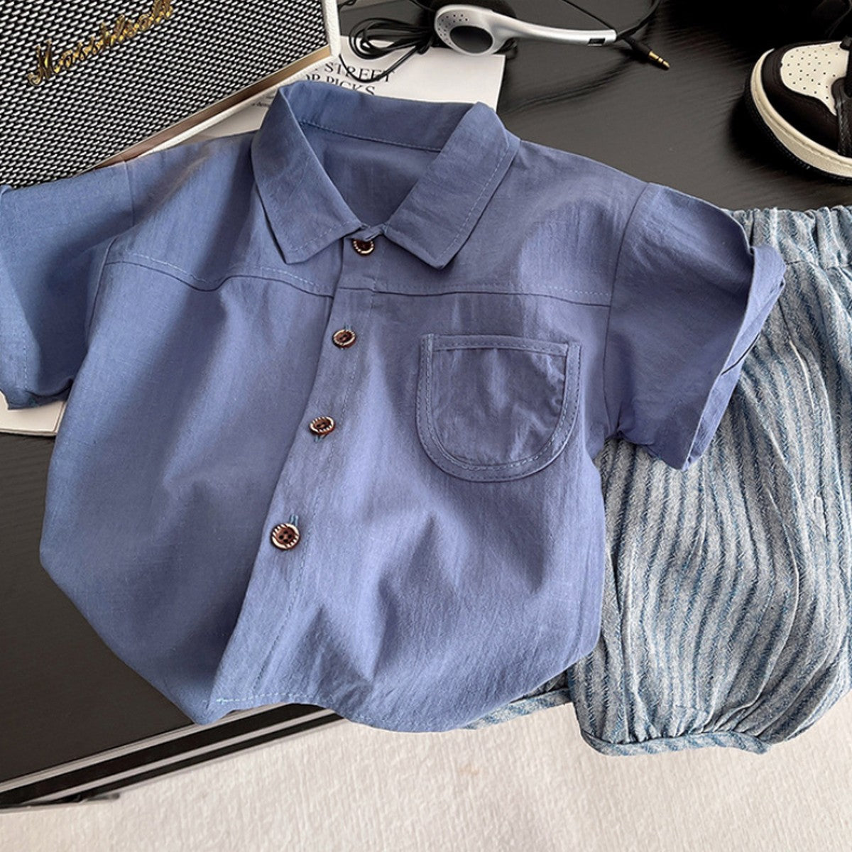 1-5 Yaş Düğmeli Gömlek ve Çizgili Şort Takımı – Mavi Tonlar