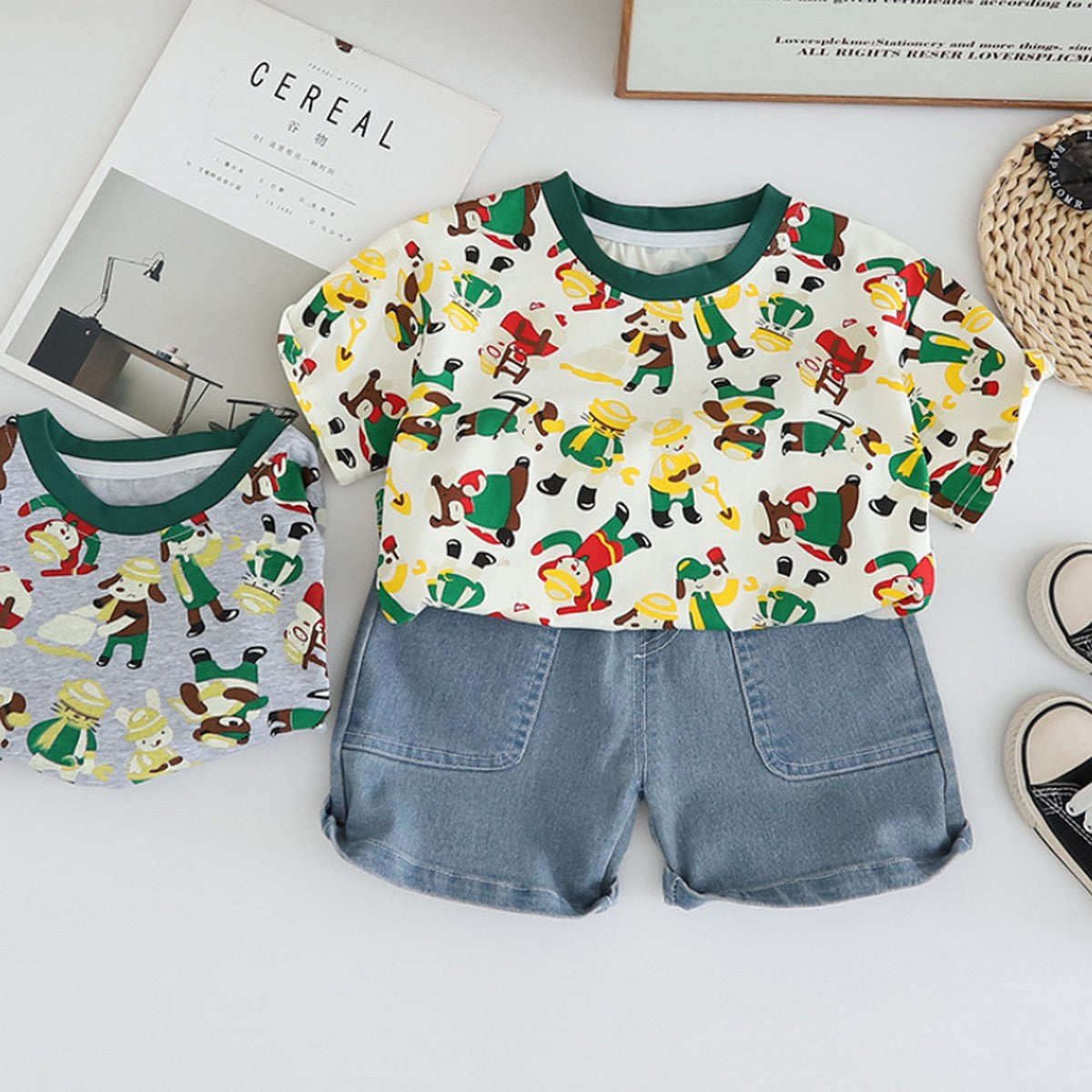 1-5 Yaş Renkli Kovboy Desenli Tişört ve Geniş Paça Kot Şort Takım