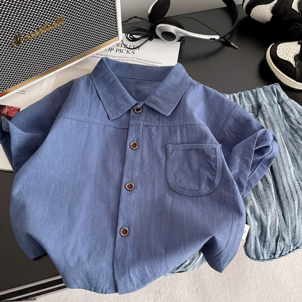 1-5 Yaş Düğmeli Gömlek ve Çizgili Şort Takımı – Mavi Tonlar