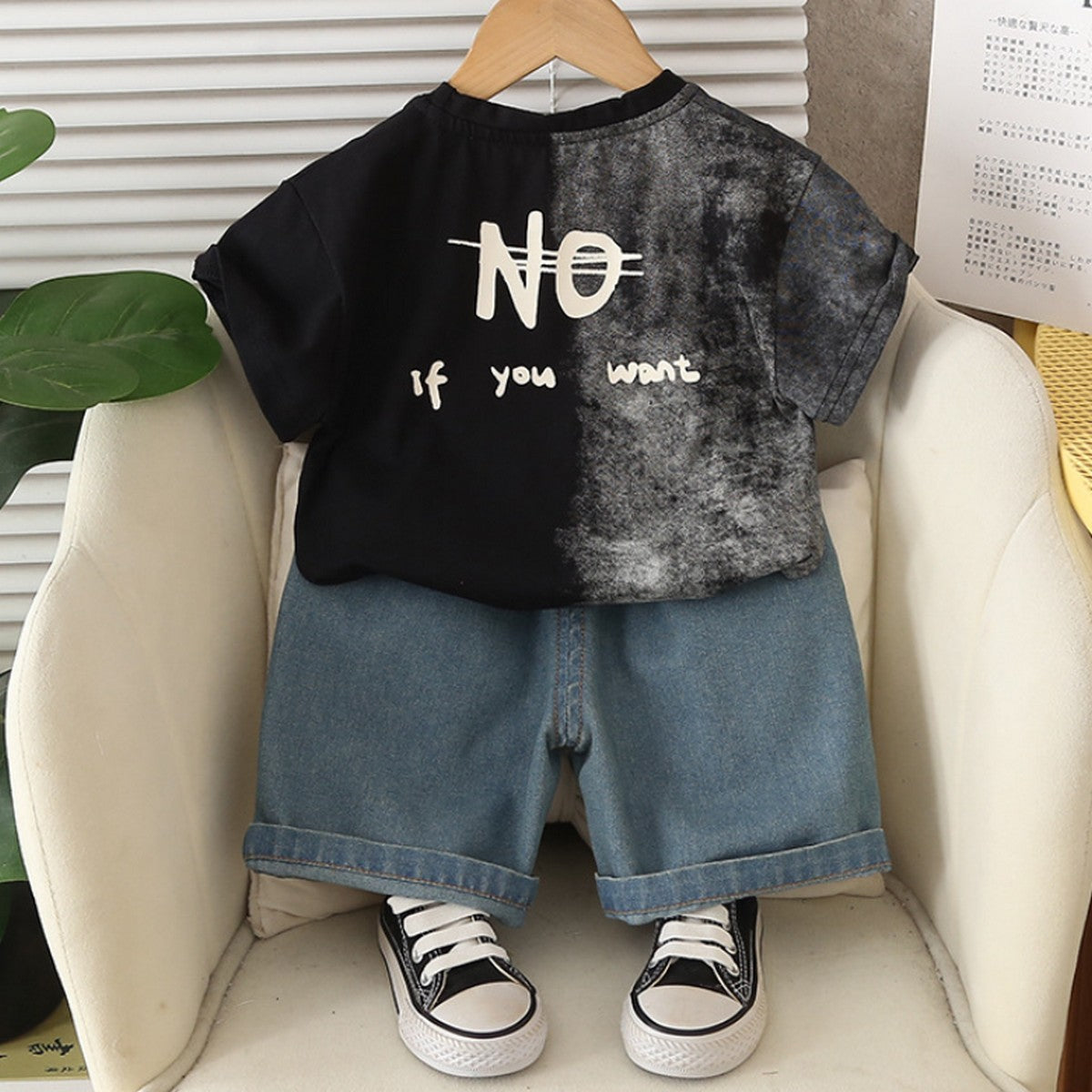 1-5 Yaş No Yazılı Tişört ve Kot Şort Erkek Çocuk Takımı