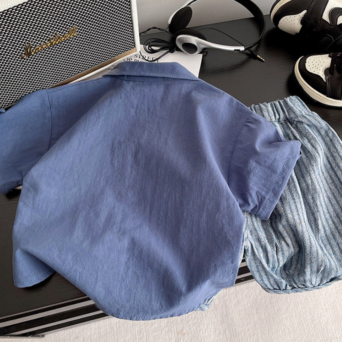 1-5 Yaş Düğmeli Gömlek ve Çizgili Şort Takımı – Mavi Tonlar