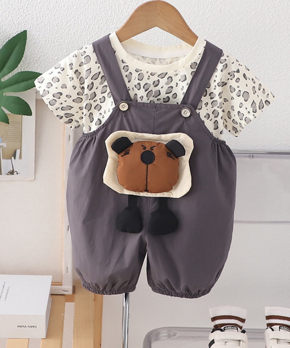 1-5 Yaş Leopar Desenli Tişört ve 3D Ayıcık Salopet Takımı