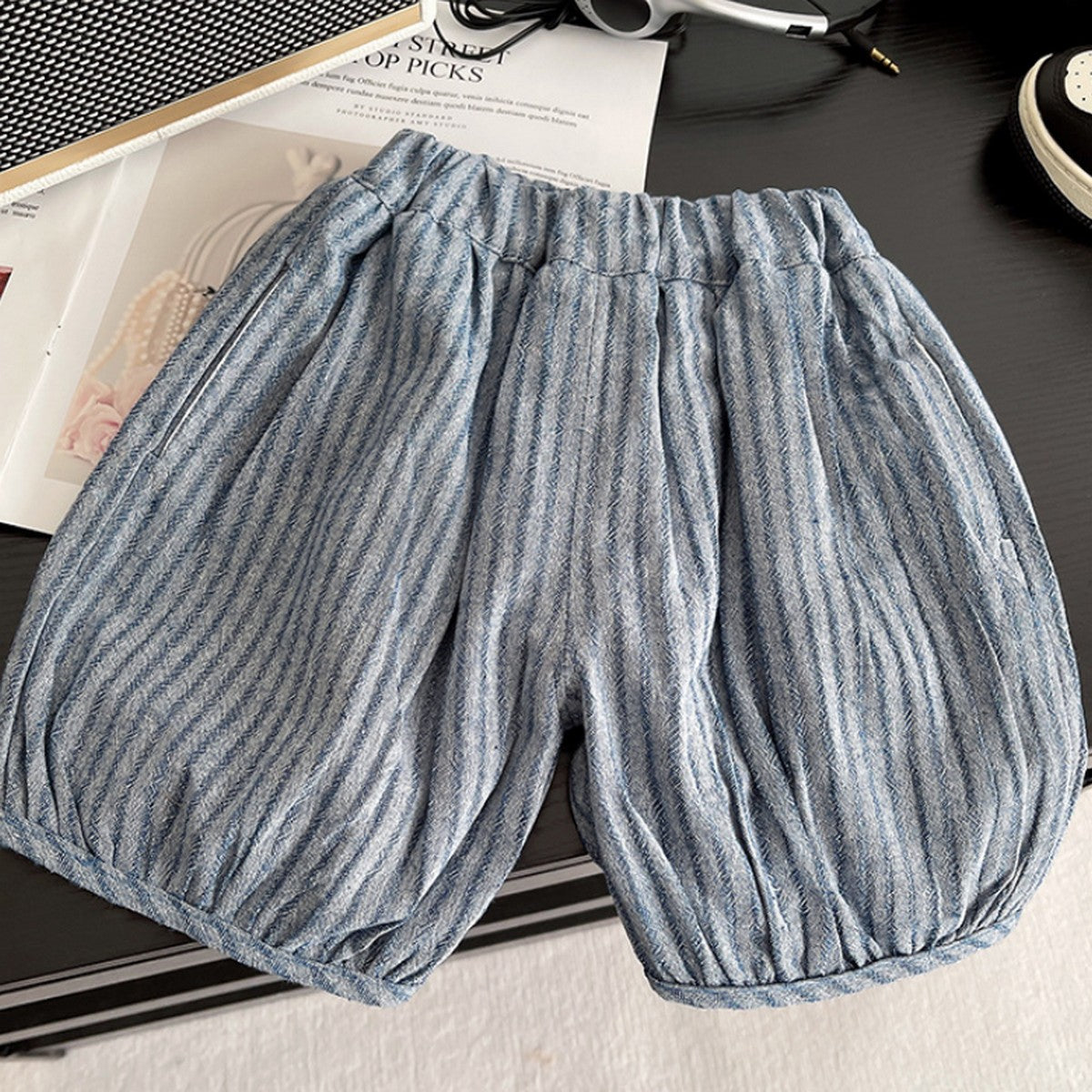 1-5 Yaş Düğmeli Gömlek ve Çizgili Şort Takımı – Mavi Tonlar