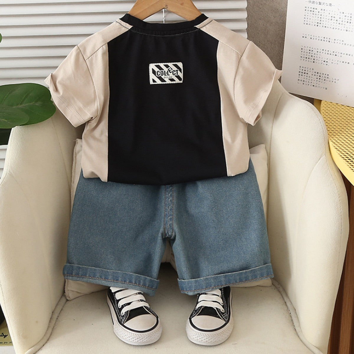 1-5 Yaş Siyah Bej Tişört ve Kot Şort Erkek Çocuk Takımı