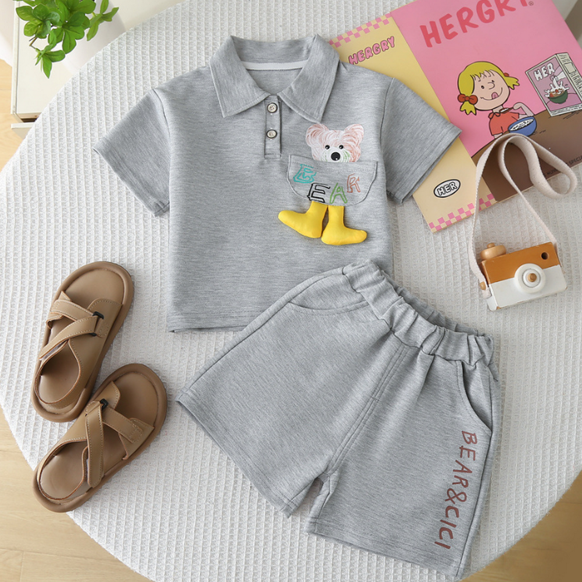 1-5 Yaş Erkek Çocuk Gri Ayıcık Cepli Şortlu Takım