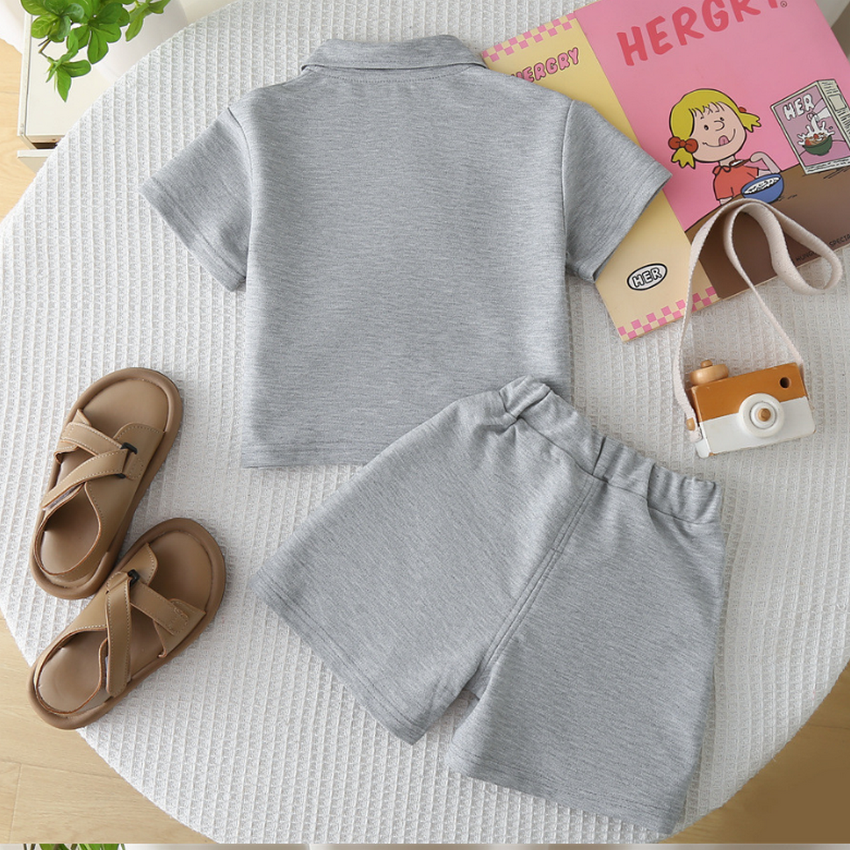 1-5 Yaş Erkek Çocuk Gri Ayıcık Cepli Şortlu Takım