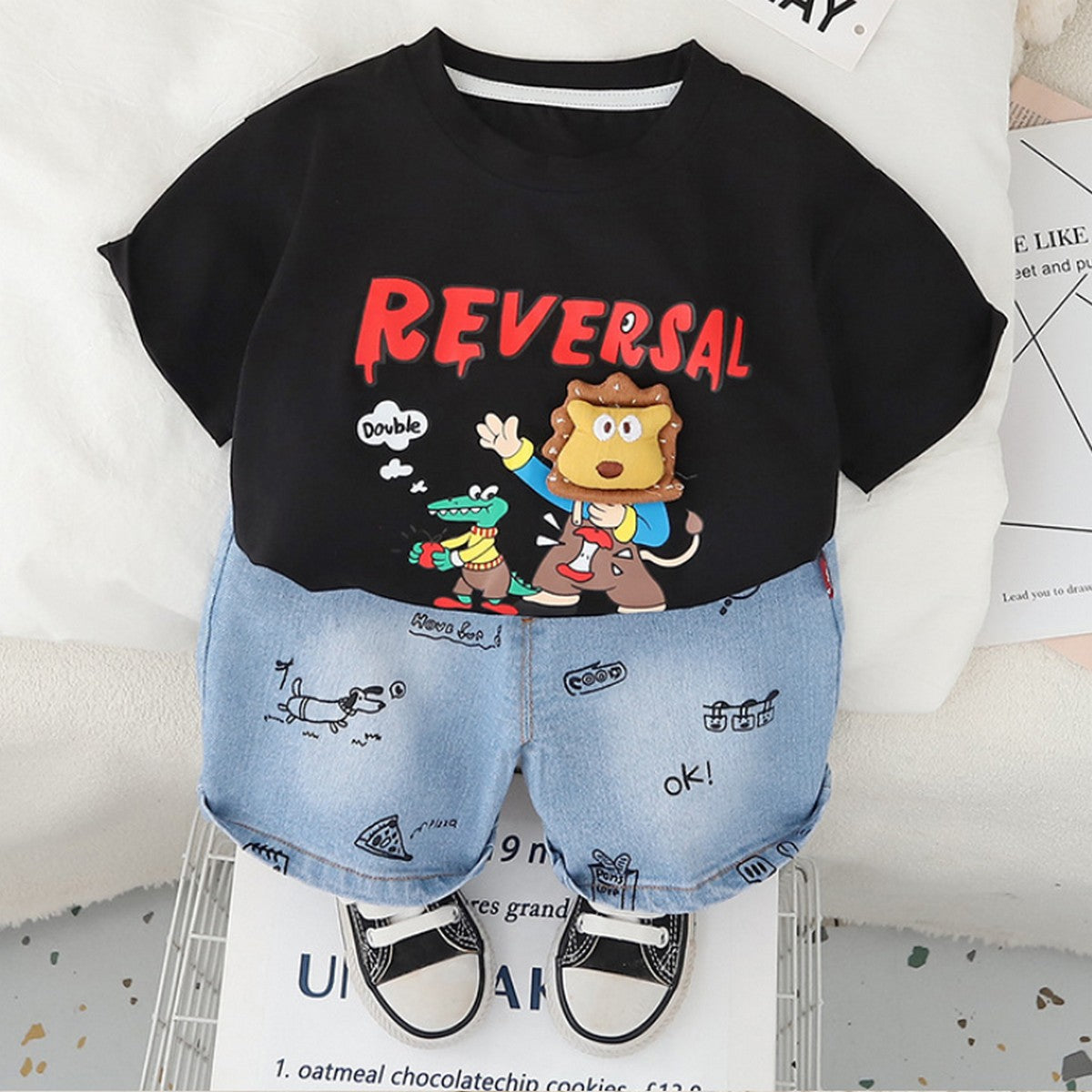 1-5 Yaş Siyah Reversal Baskılı Erkek Çocuk Takımı – Şortlu