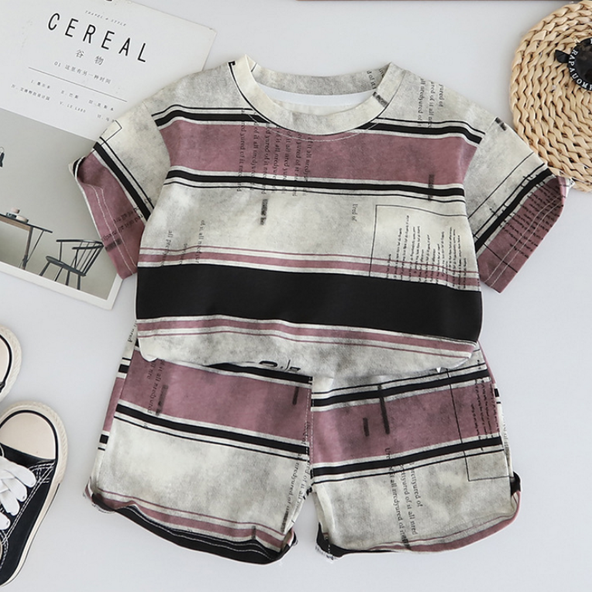 1-5 Yaş Erkek Çocuk Bordo Desenli Yazlık Şortlu Takım