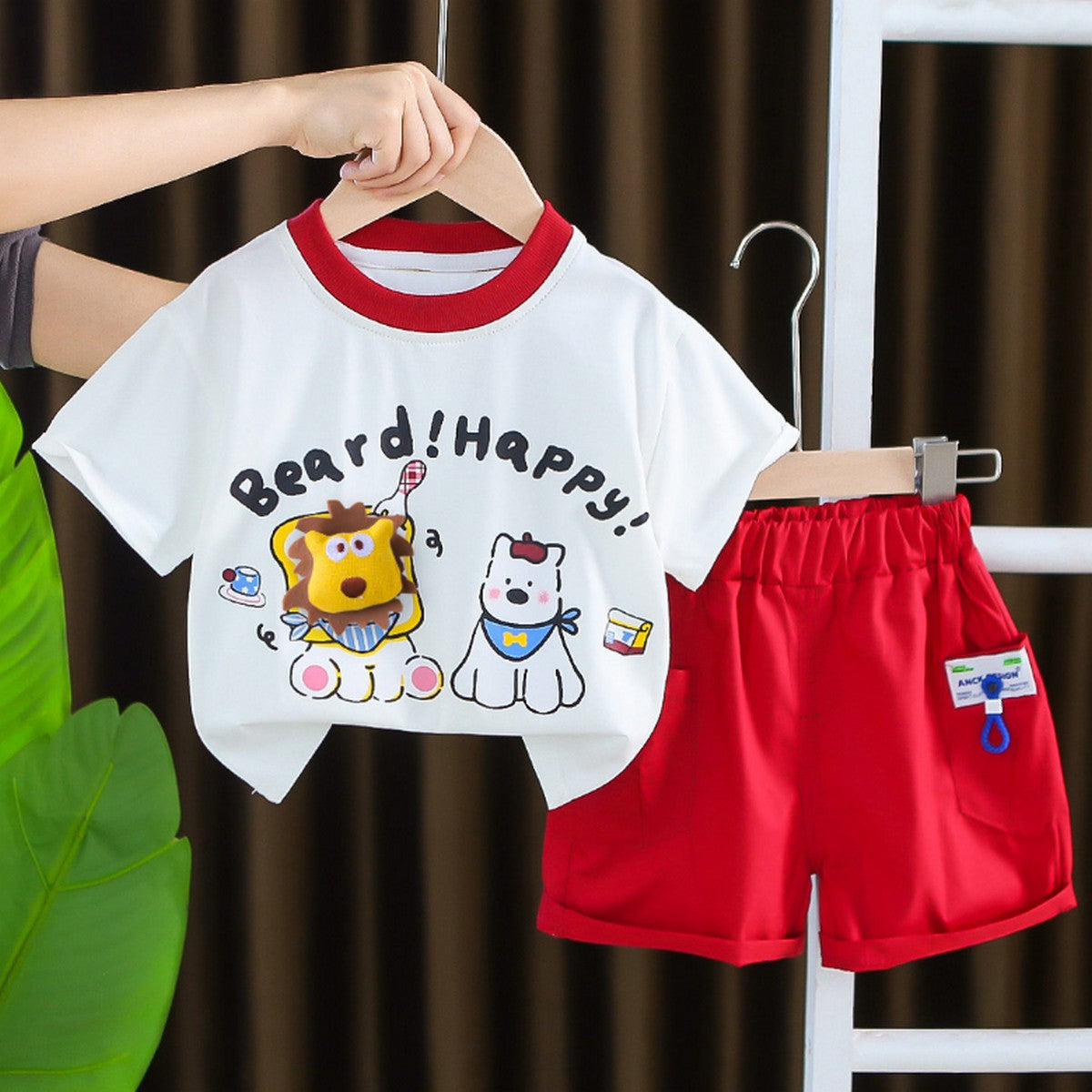 1-5 Yaş Erkek Çocuk Sevimli Hayvan Baskılı Kırmızı Şortlu Takım