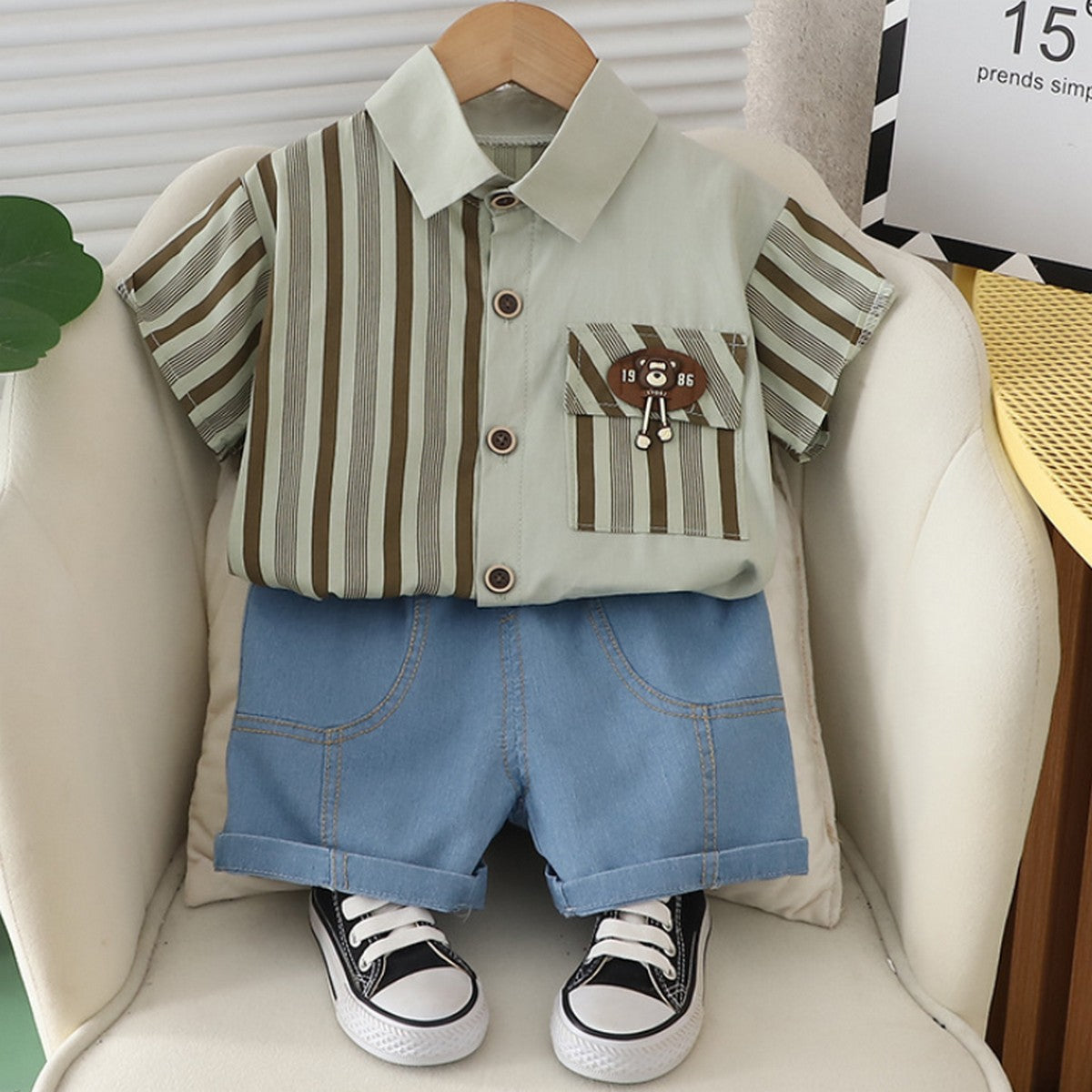 1-5 Yaş Klasik Çizgili Gömlek ve Kot Şortlu Erkek Çocuk Takımı