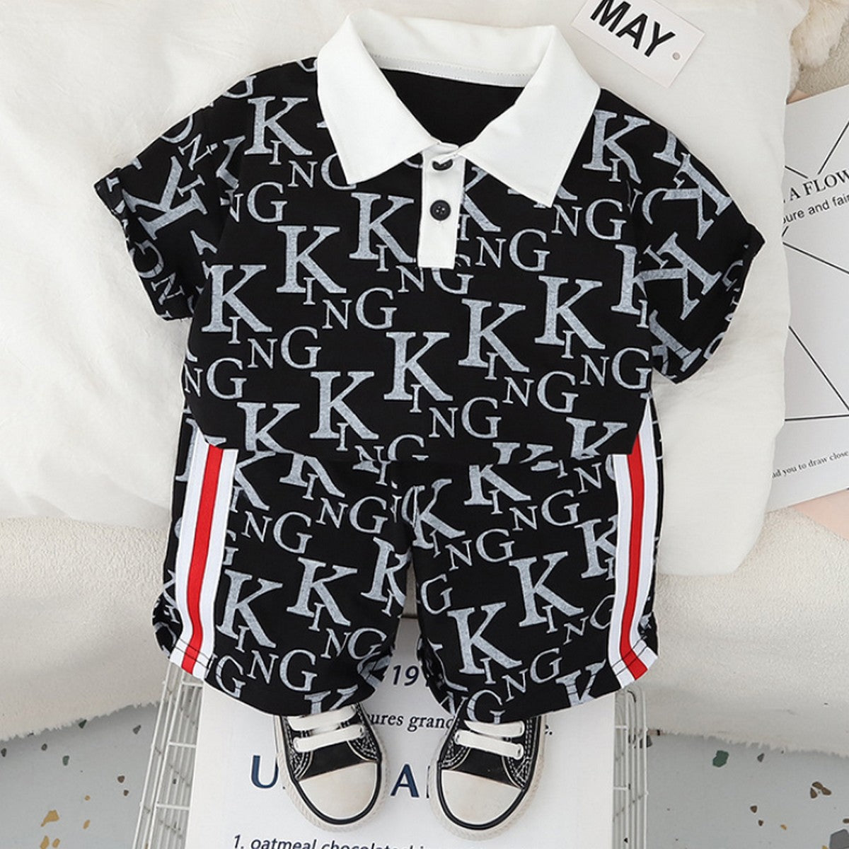 1-5 Yaş KING Baskılı Polo Yaka Siyah Erkek Çocuk Takımı