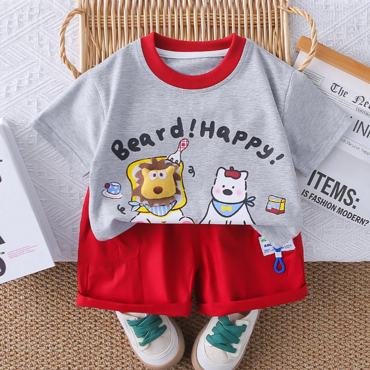 1-5 Yaş Erkek Çocuk Gri Hayvan Figürlü Kırmızı Şortlu Takım