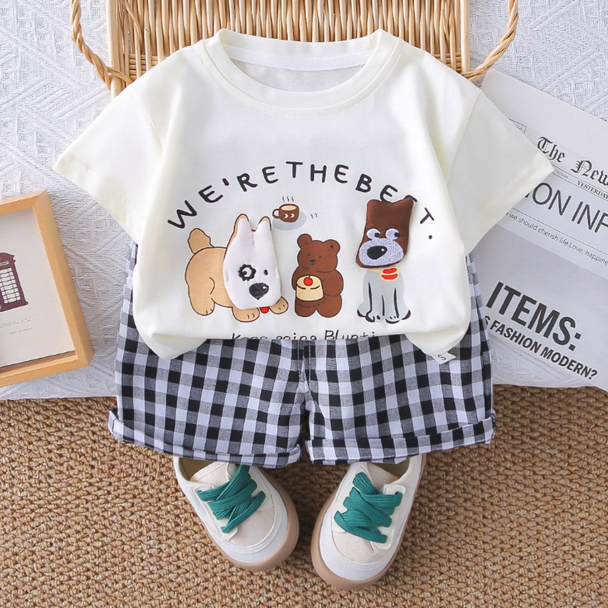 1-5 Yaş Sevimli Hayvan Baskılı Tişört ve Ekose Şort Erkek Çocuk Takımı