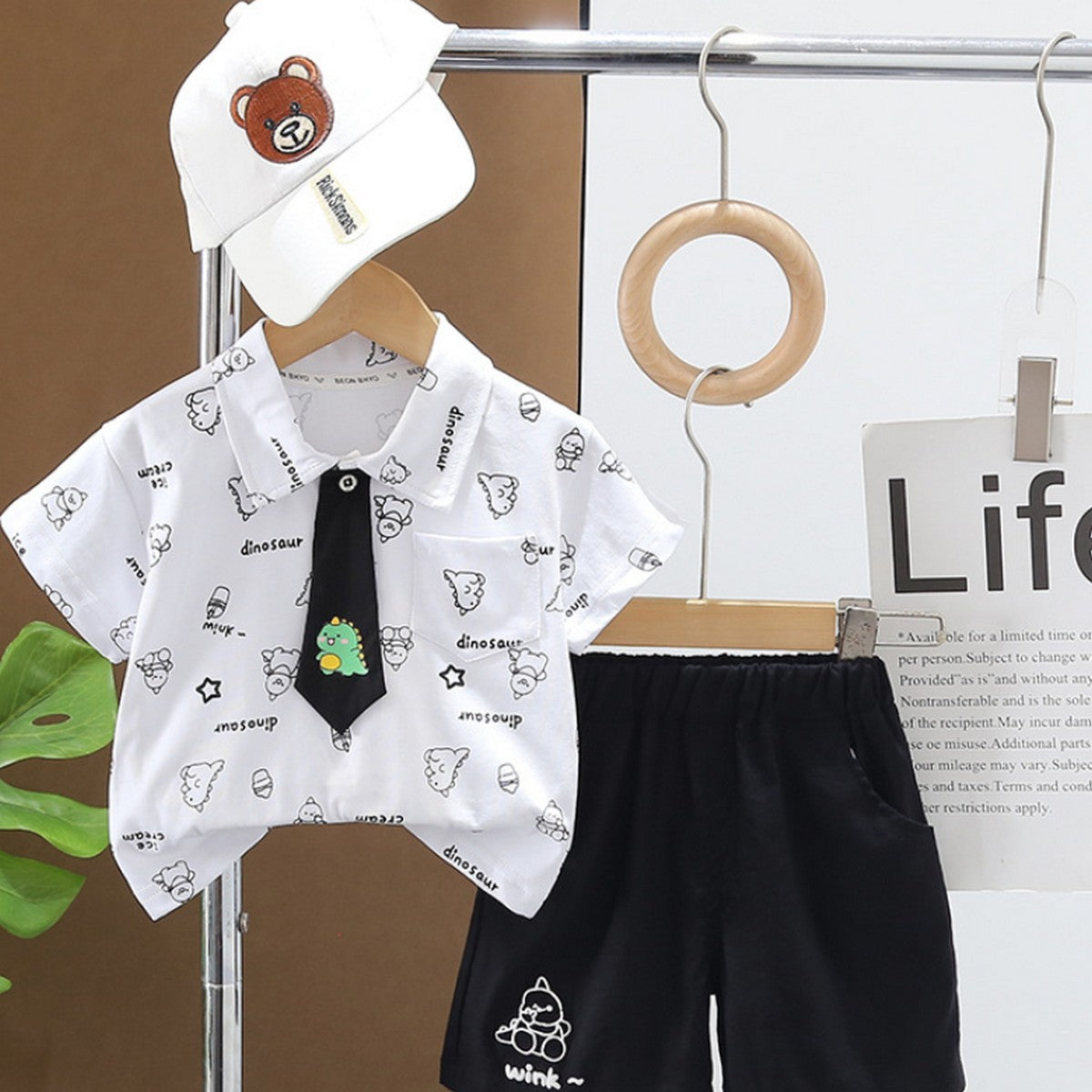 1-5 Yaş Kravat Detaylı Dinazor Desenli Erkek Çocuk Takımı