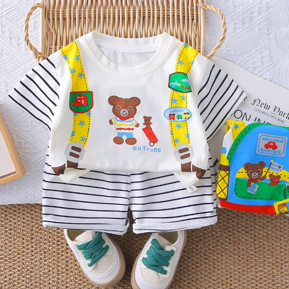 1-5 Yaş Askı Desenli Ayıcık Baskılı Çizgili Erkek Çocuk Takımı