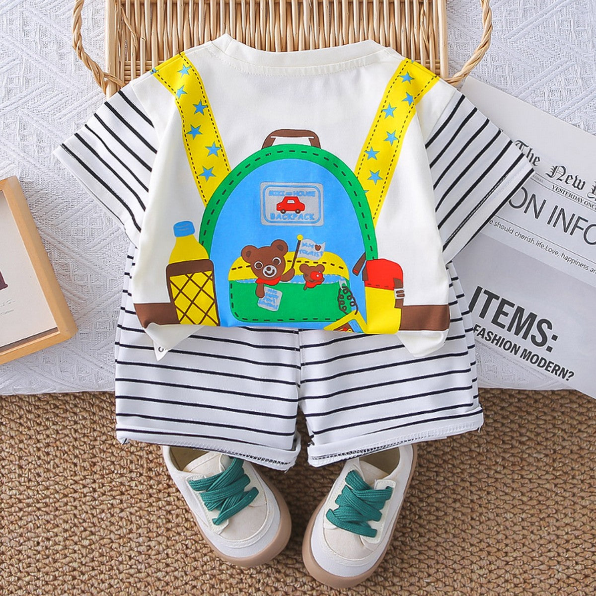 1-5 Yaş Askı Desenli Ayıcık Baskılı Çizgili Erkek Çocuk Takımı