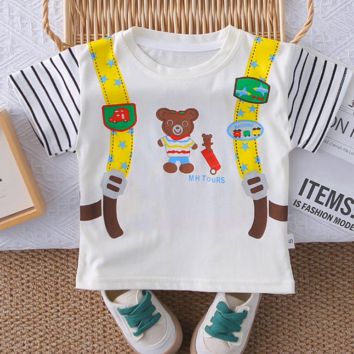 1-5 Yaş Askı Desenli Ayıcık Baskılı Çizgili Erkek Çocuk Takımı