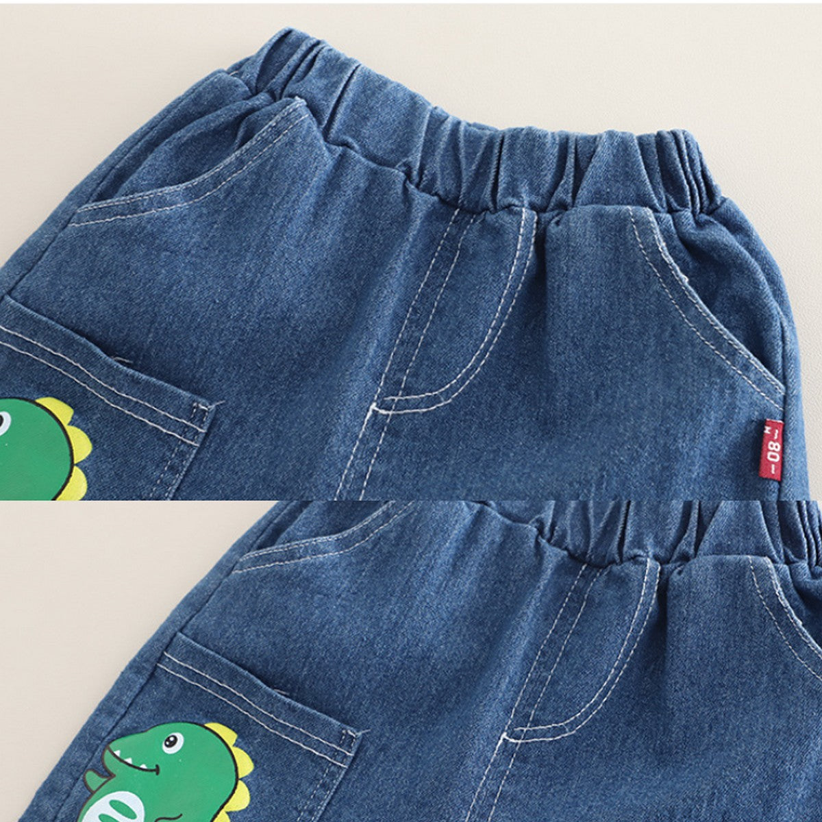 İş Makinesi ve Dinozor Desenli Erkek Çocuk Takımı – 1-5 Yaş Yazlık Denim Şortlu