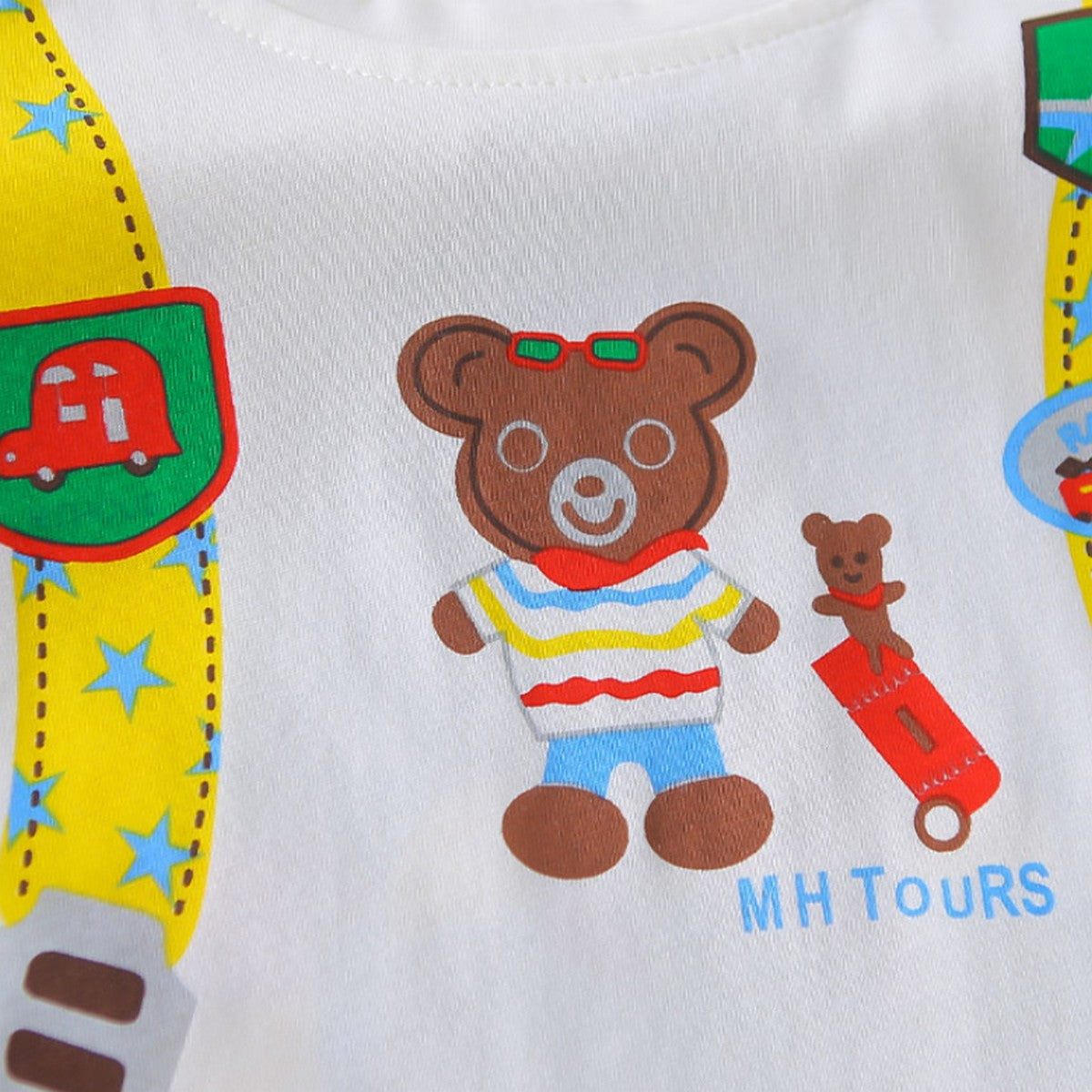 1-5 Yaş Askı Desenli Ayıcık Baskılı Çizgili Erkek Çocuk Takımı