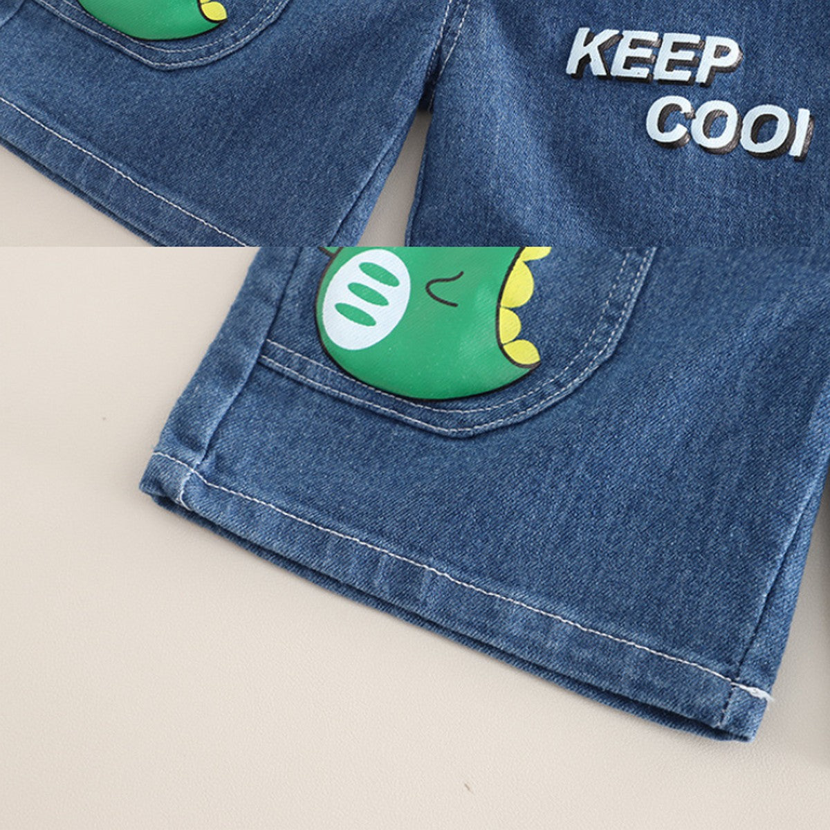 İş Makinesi ve Dinozor Desenli Erkek Çocuk Takımı – 1-5 Yaş Yazlık Denim Şortlu