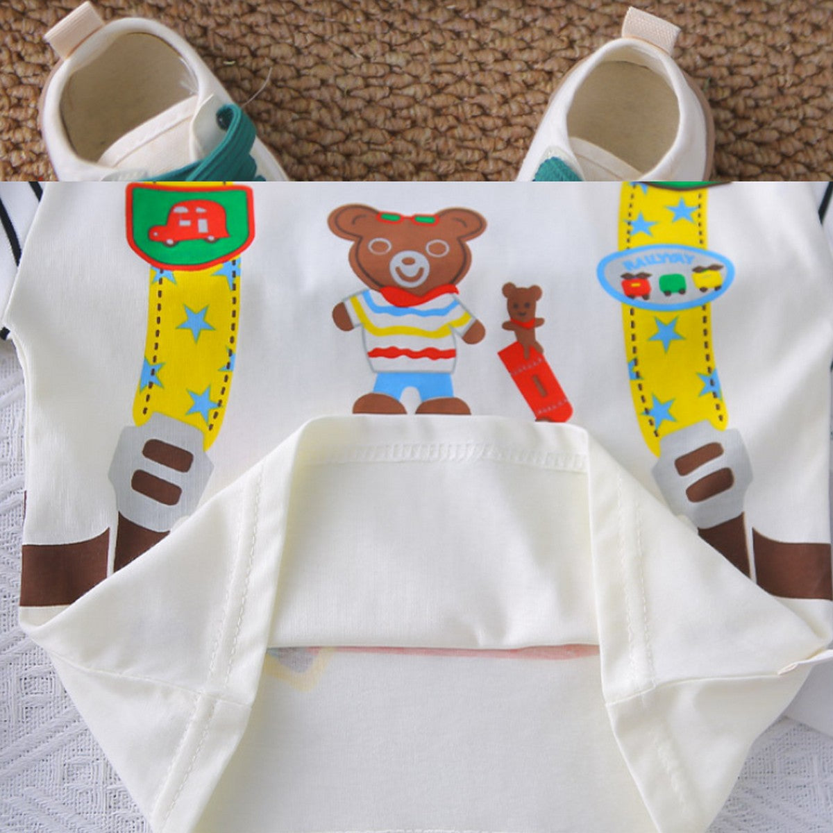 1-5 Yaş Askı Desenli Ayıcık Baskılı Çizgili Erkek Çocuk Takımı