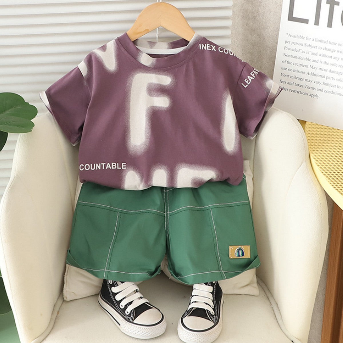 1-5 Yaş Sprey Yazılı Mor Tişört & Yeşil Şort Takımı