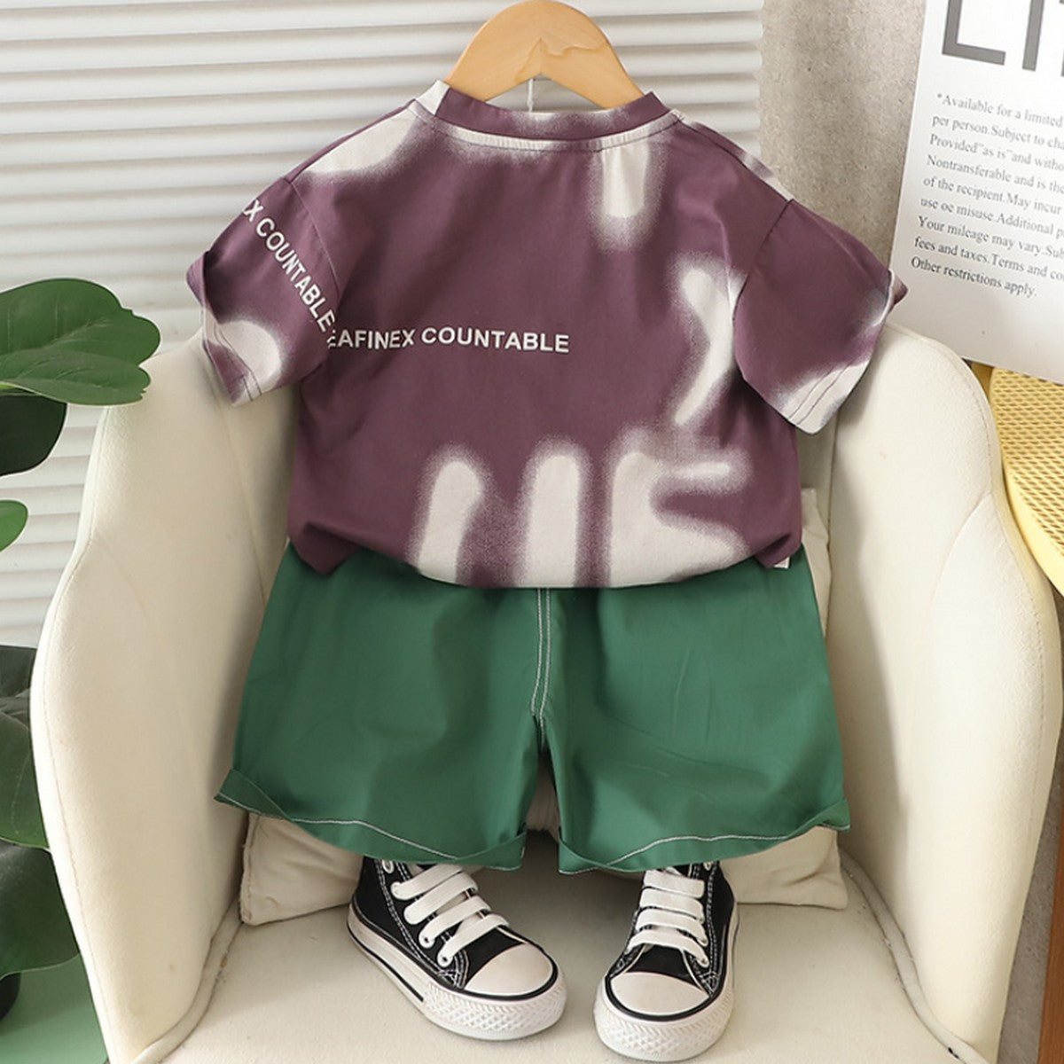 1-5 Yaş Sprey Yazılı Mor Tişört & Yeşil Şort Takımı