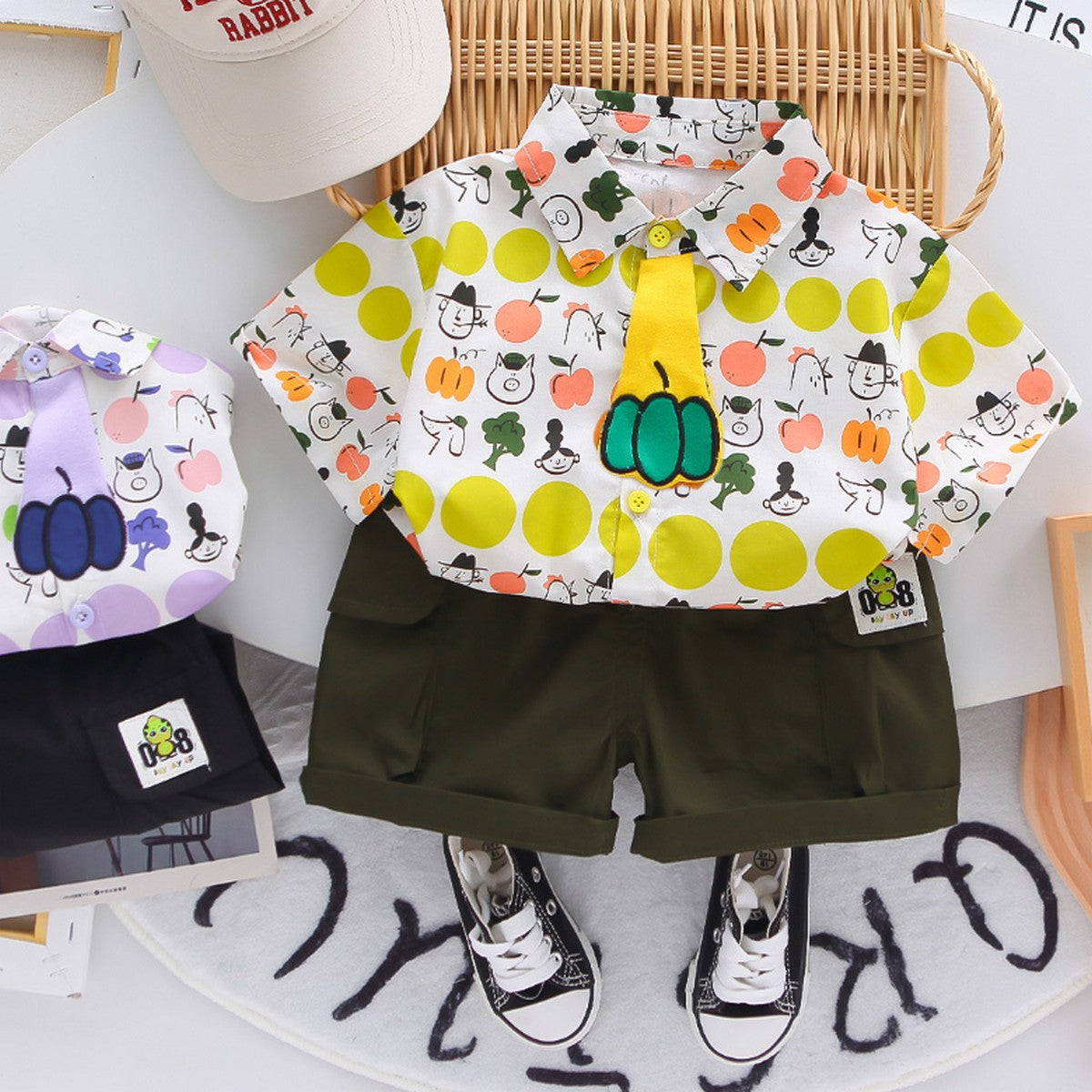 1-5 Yaş Renkli Kravatlı Meyve Desenli Erkek Çocuk Takımı