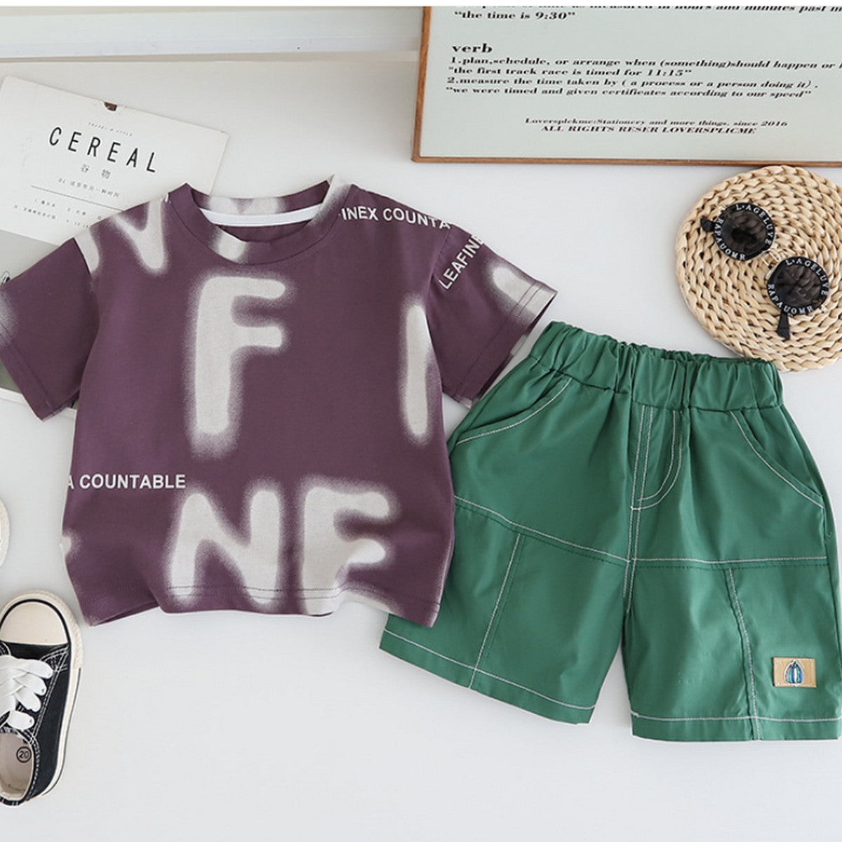 1-5 Yaş Sprey Yazılı Mor Tişört & Yeşil Şort Takımı