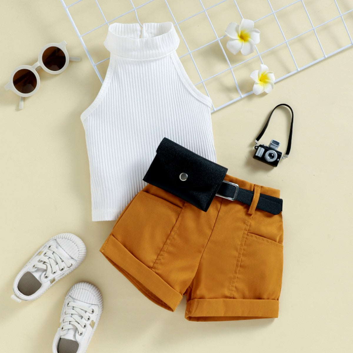 1-6 Yaş Kız Çocuk Beyaz Atlet ve Kemerli Şort Takımı | Yazlık İkili Kombin